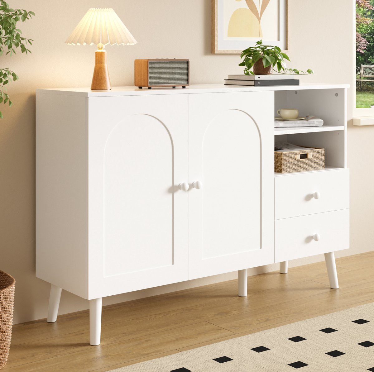 STILVORA Dressoir - Gewelfde Deuren Met 2 Lades En Open Vakken - Voor Woonkamer Eetkamer En Hal - MDF En Spaanplaat - 118x35x82 Cm - Wit
