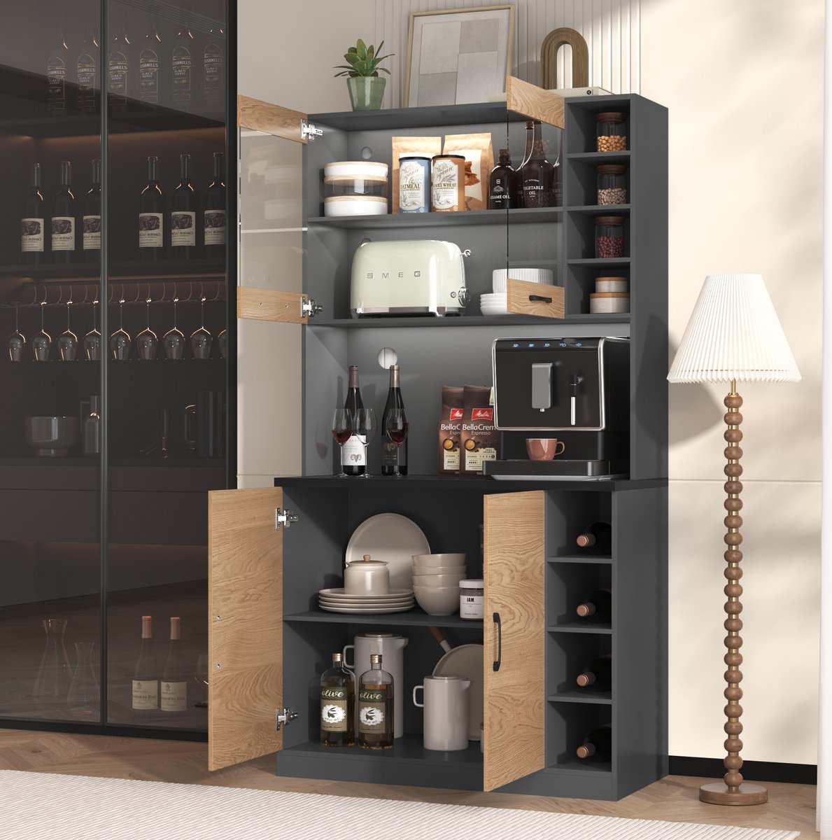 HAUSS SPOLE Keukenkast - Met LED-Verlichting En Kabelgaten - Vrijstaand Voor Keuken En Eethoek - MDF En Glas - 100x47x187 Cm - Grijs Naturel