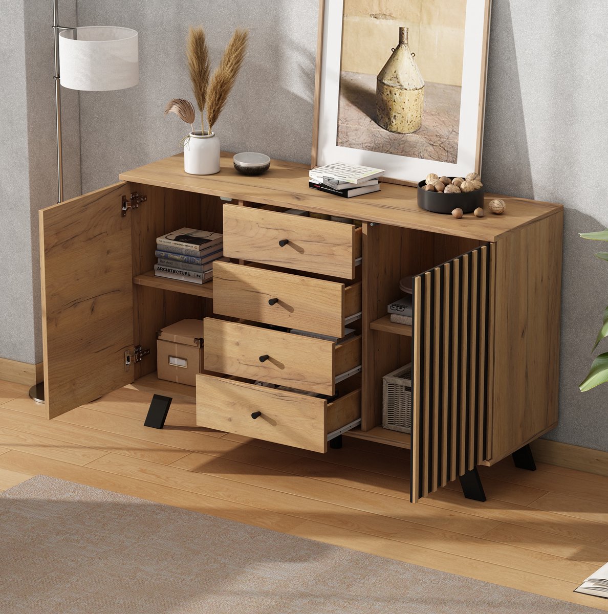 HAUSS SPOLE Dressoir - Opbergkast Met 4 Lades En 2 Deuren - Voor Woonkamer En Eetkamer - MDF En Massief Hout - 120x38x75 Cm - Zwart Naturel