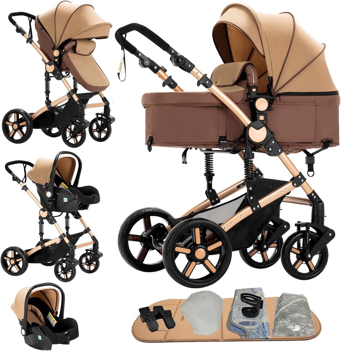3-in-1 Kinderwagen - Trio Kinderwagen voor Pasgeborenen met Omkeerbare Duwmodi en Inklapbaar Ontwerp