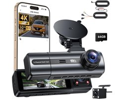 4K dashcam voor en achter, 3-kanaals dashcam met hardwire-kit, 24-uurs parkeerbewaking, 64 GB SD-kaart, Wifi, App, Nachtzicht