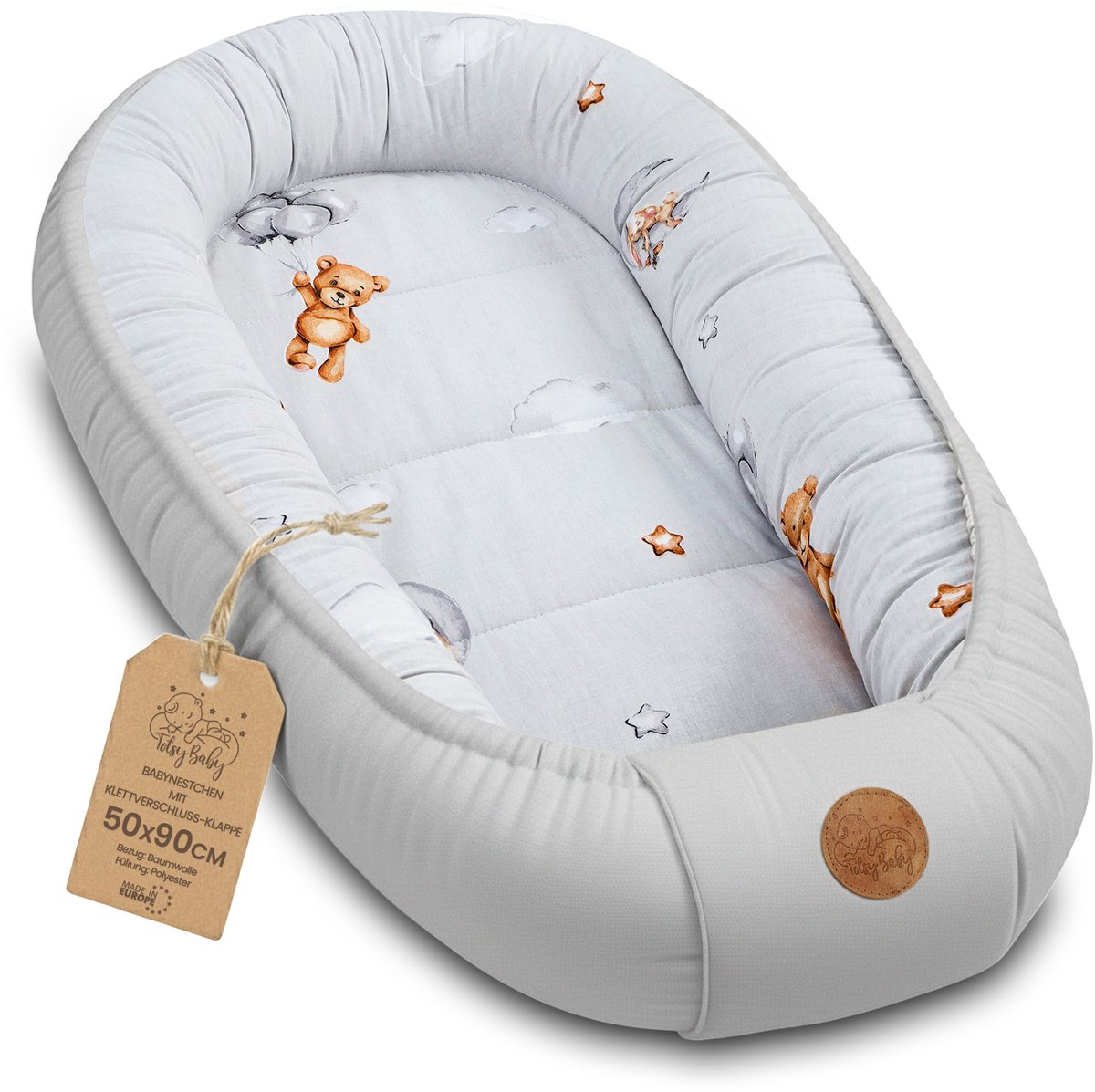 Zacht Nestje Pasgeborene – Knuffelnestje draagbaar comfortabel en behaaglijk voor Ledikant Kinderbed Wieg Babykamer en Onderweg – knus voor Jongen & Meisje 90x50 cm teddyberen