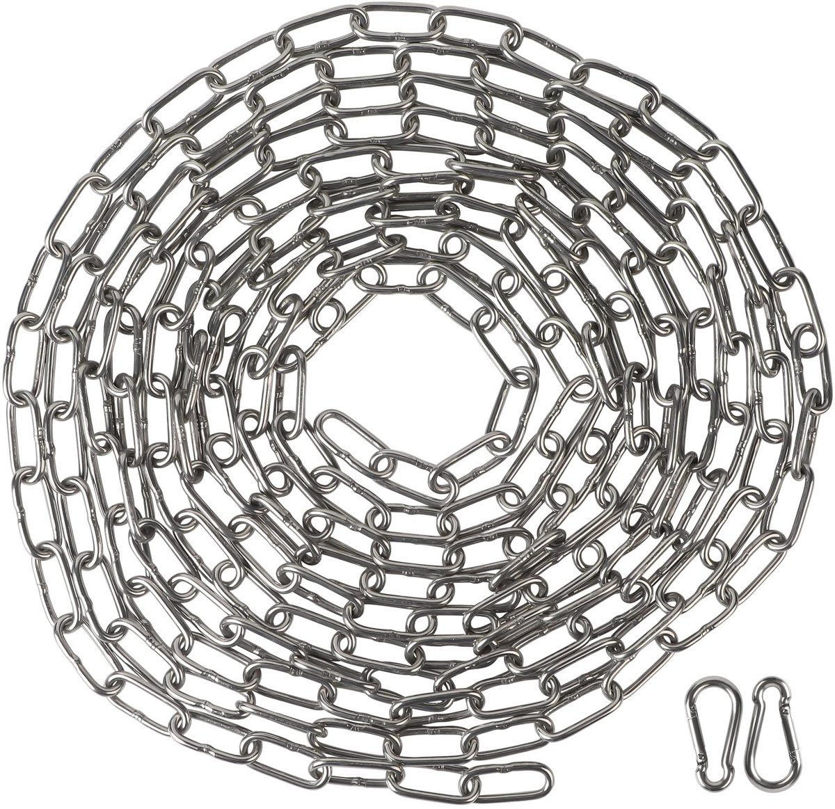 5 m roestvrijstalen ketting, 3 mm, stalen ketting, schakelketting, schakelketting, sierketting, metalen ketting om op te hangen, hondenketting, ankerketting, lange schakelketting, met 2 karabij