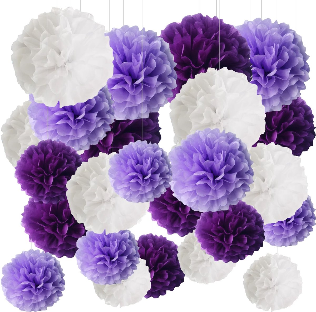 Pompons decoratie, 24 stuks zijdepapier pompons decoratie, zijdepapier pompons, zijdepapieren pompons papier bloem, 3 kleuren en 3 maten, voor bruiloftsfeestdecoraties, paars, lichtpaars, wit