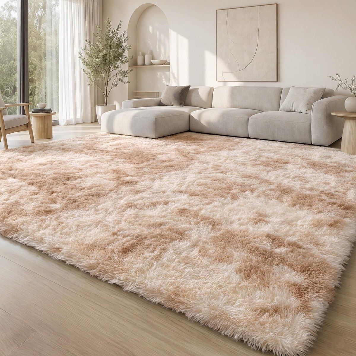 Homaxy Modern tapijt, pluizig, hoogpolig, antislip, wasbaar, groot tapijt voor woonkamer, kinderkamer, slaapkamer, beige, 160 x 220 cm