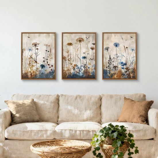 3 Stks Minimalistische Planten Paardenbloem Ingelijst Canvas Muurkunst Set, Blauw Bruine Bloemen Botanische Muurdecoratie Noorse Rustieke Stijl Muurschildering Kunst Afdrukken Foto's voor Woonkamer — afbeelding 3