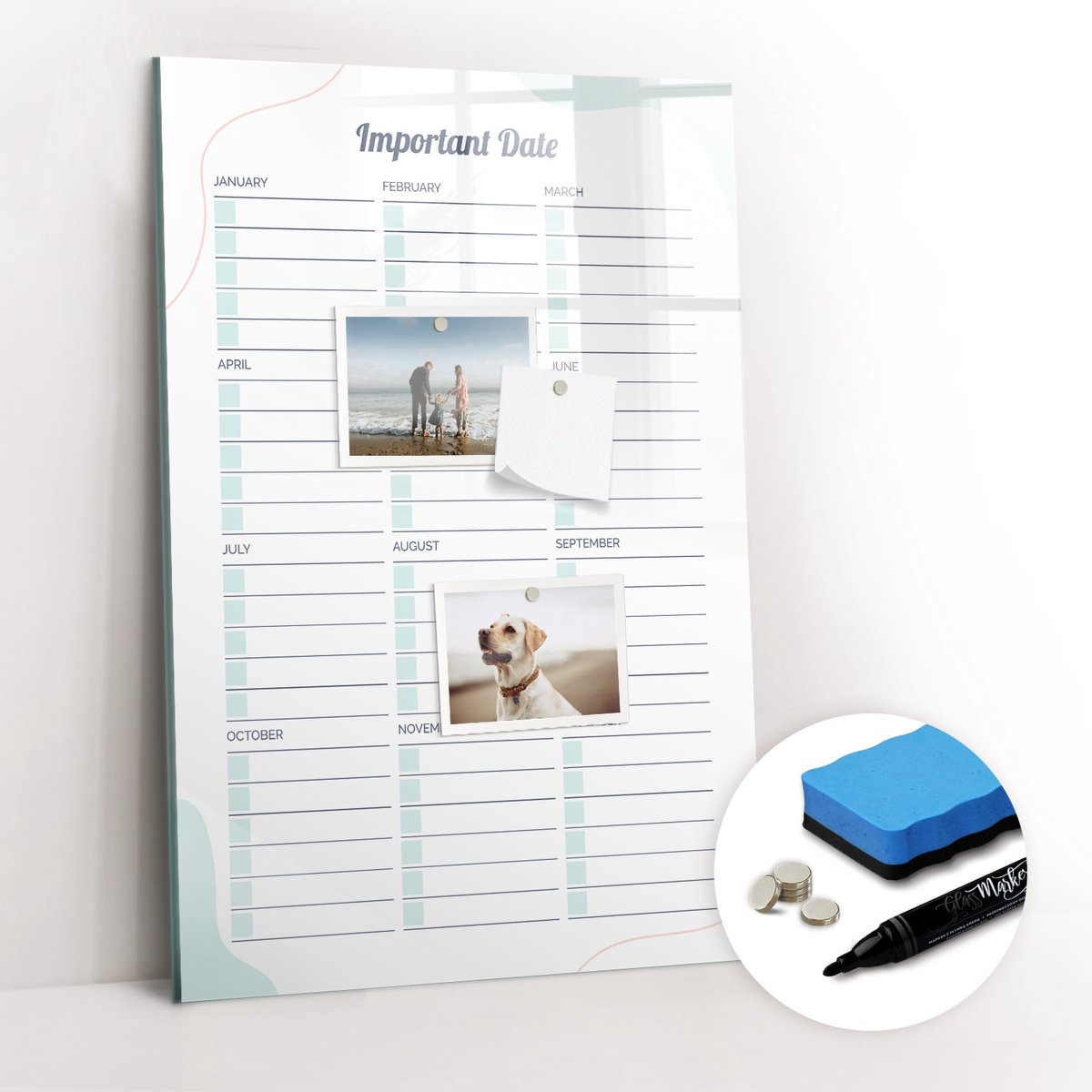 Tulup Whitebord - Belangrijke data - 40 x 60 cm - Wit Memobord Glas - Gratis 5 Sterke Magneten + Whiteboard Marker & Wisser - Interieur Accessoires Kantoor - Magnetisch Bord - Ideeënbord Thuiswerkplek