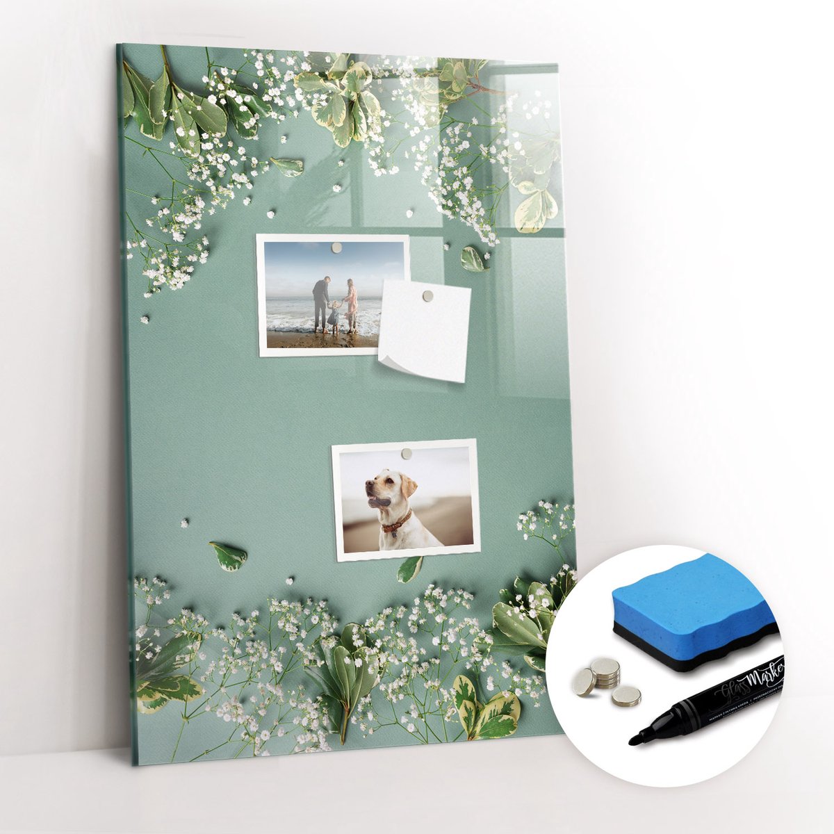 Tulup Whitebord - Gypsophila-bloemen - 40 x 60 cm - Groente Memobord Glas - Gratis 5 Sterke Magneten + Whiteboard Marker & Wisser - Organizer Muur - Memo Bord - Notitiebord Werkplek