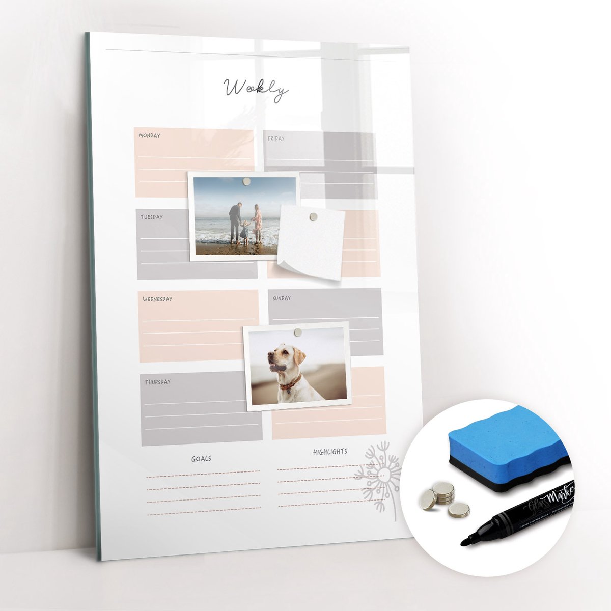 Tulup Whitebord - Weekplanner notitieboekje - 40 x 60 cm - Wit Memobord Glas - Gratis 5 Sterke Magneten + Whiteboard Marker & Wisser - Minimalistisch Prikbord - Magnetic Board - Notitiebord Werkplek