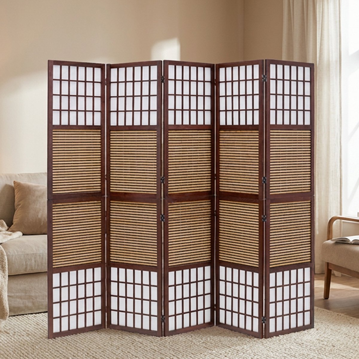 Homestyle4u Kamerscherm - 220x175 cm - bruin - 5-delig - bamboelatten