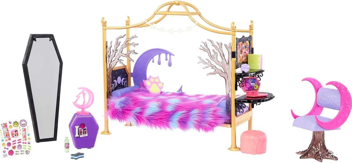Poppenhuis Slaapkamer - Speelgoed Meubels - Fantasie Spel - Inclusief Accessoires - 38 cm Breed - Goudkleurig