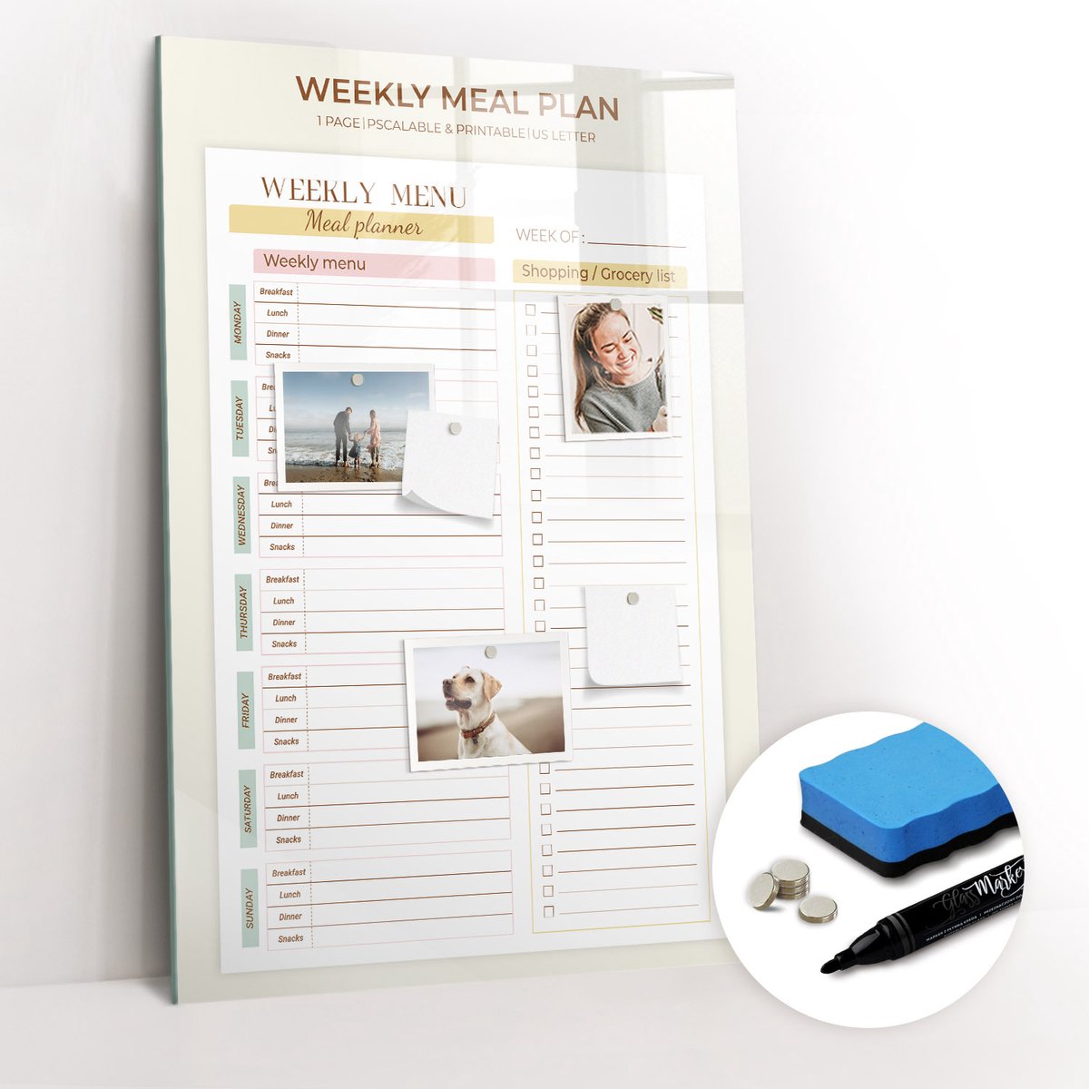 Tulup Whitebord - Maaltijdplanner voor een dieet - 60 x 90 cm - Geel Metalen magneetborden met lijst - Gratis 5 Sterke Magneten + Whiteboard Marker & Wisser - Design Memobord - Magnetisch Memobord - Ideeënbord Thuiswerkplek
