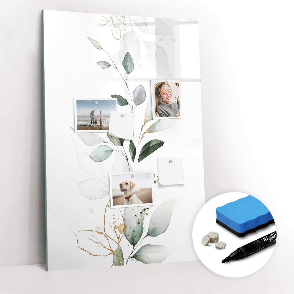 Tulup Whitebord - Aquarel plantenscheutbladeren - 60 x 90 cm - Wit Magneetbord Muur - Gratis 5 Sterke Magneten + Whiteboard Marker & Wisser - Organizer Muur - Magneetbord Design - Planning Muur