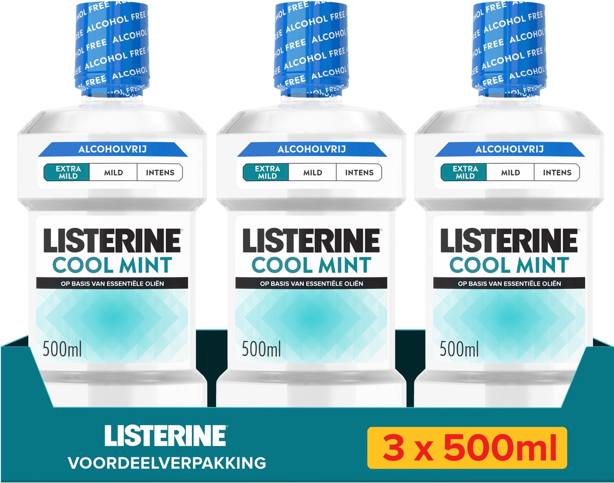 Listerine Cool Mint Extra Mild Mondspoeling, Alcoholvrij, Met Essentiële Oliën, Tegen Slechte Adem en Tandplak, Extra Mild Muntsmaak, 3x500 ml