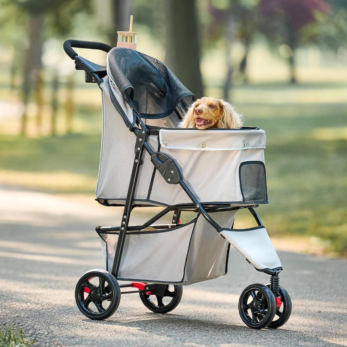 Huisdier Kinderwagen - Reisbuggy Honden - Comfortabel Reizen - 360 graden voorwiel - Tot 13.6 kg - Kaki