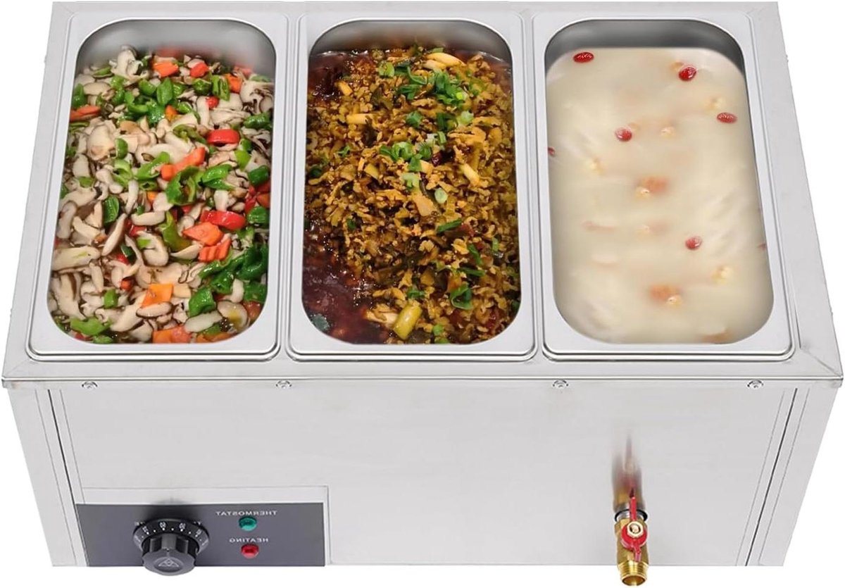 Buffetwarmer Elektrisch - Warmhoudapparaat Voedsel - Gerechten Warm Houden - Instelbare Temperatuur - 3x7 Liter - Zilverkleurig