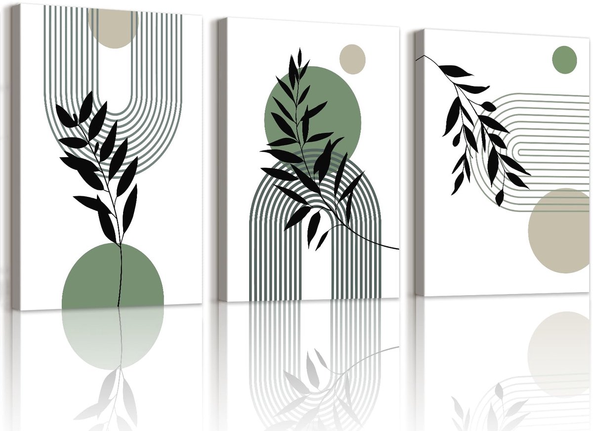 3 Stuks Boho Abstract Geometrische Canvas Muurkunst Prints Ingelijste Foto Salie Groen Minimalistisch Botanisch Schilderij op Canvas voor Woonkamer Slaapkamer Thuis Muurdecoratie 40x60cmx3