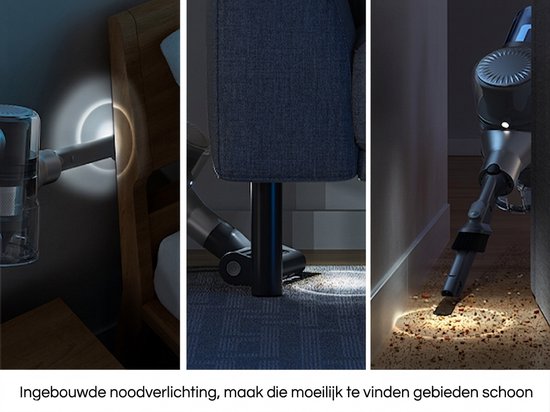 Drie close-ups van de stofzuiger met noodverlichting in gebruik bij een bed, onder een stoel en langs een muur.