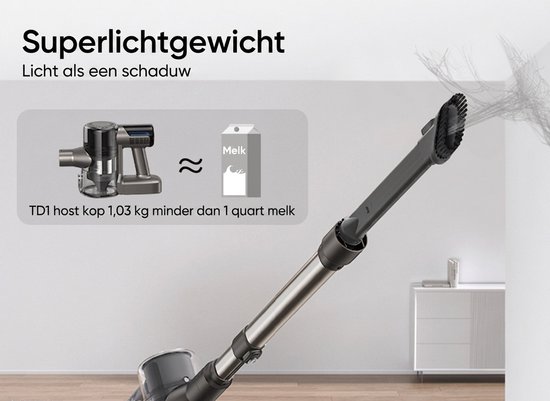 Lichtgewicht stofzuiger vergeleken met een pak melk, met een borstelkop die stof verwijdert.