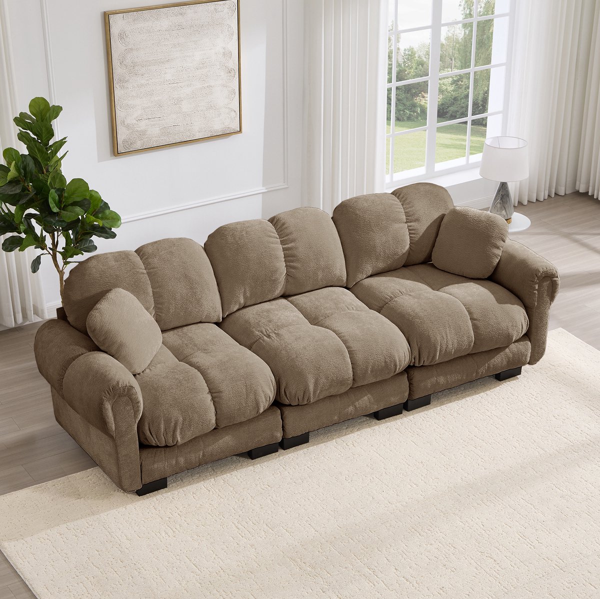 MIVRAY Zitbank 3-Zits - Cloud Sofa Met Gestikt Design En 2 Sierkussens - Voor Woonkamer - Chenille Stof - Bruin