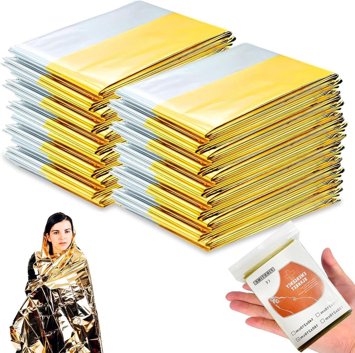 Nooddekens Set - Warmte Deken - Outdoor Avonturen - Dubbelzijdig Beschermend - 10 Stuks 210x160cm - Goud Zilver