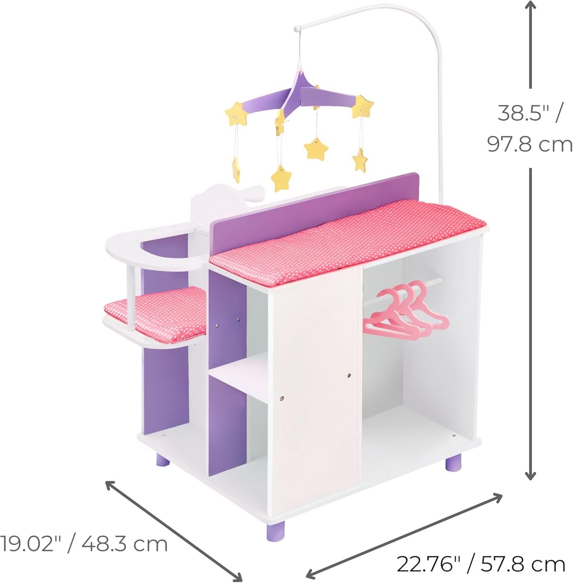 Poppen commode - Baby station - Poppen verzorgen - Inclusief accessoires - 58 x 48 x 98 cm - Paars/Wit – foto 6