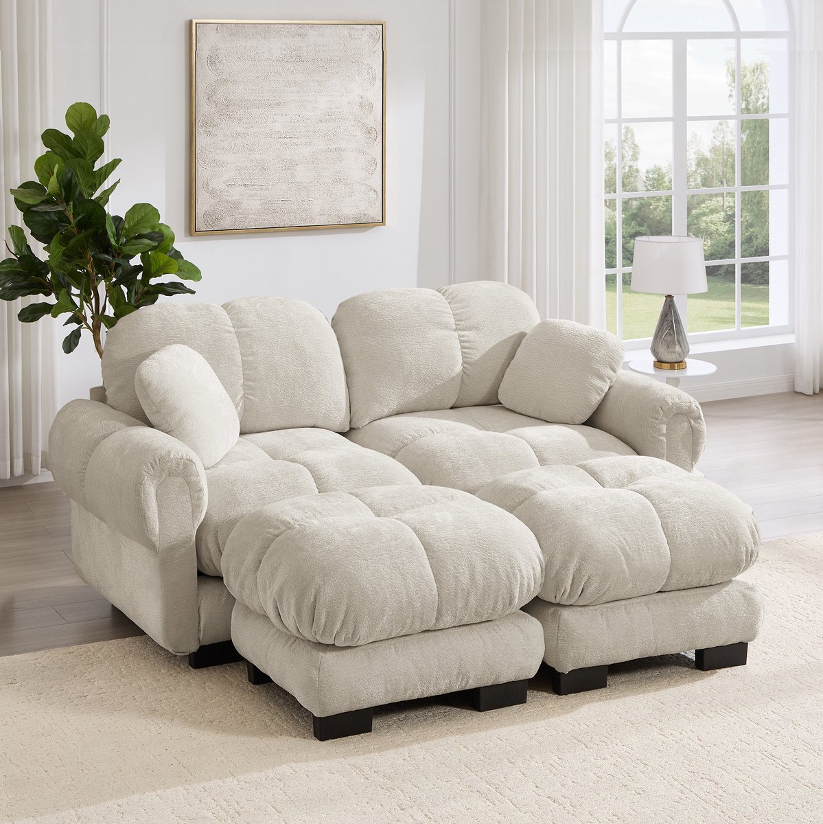 MIVRAY U-bank 2-Zits - Modulair Sofa Met Verplaatsbare Ottomane En Dikke Gestikte Zitkussens - Voor Woonkamer - Chenille Licht Kaki