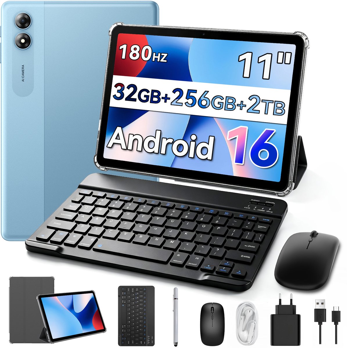 ExcitPower T70 - Tablet - 11 inch - 32GB RAM - 256GB ROM - 8000mAh - Android 16 - Met Toetsenbord - Hoes - Stylus - Muis - Gemini AI - GPS - Blauw