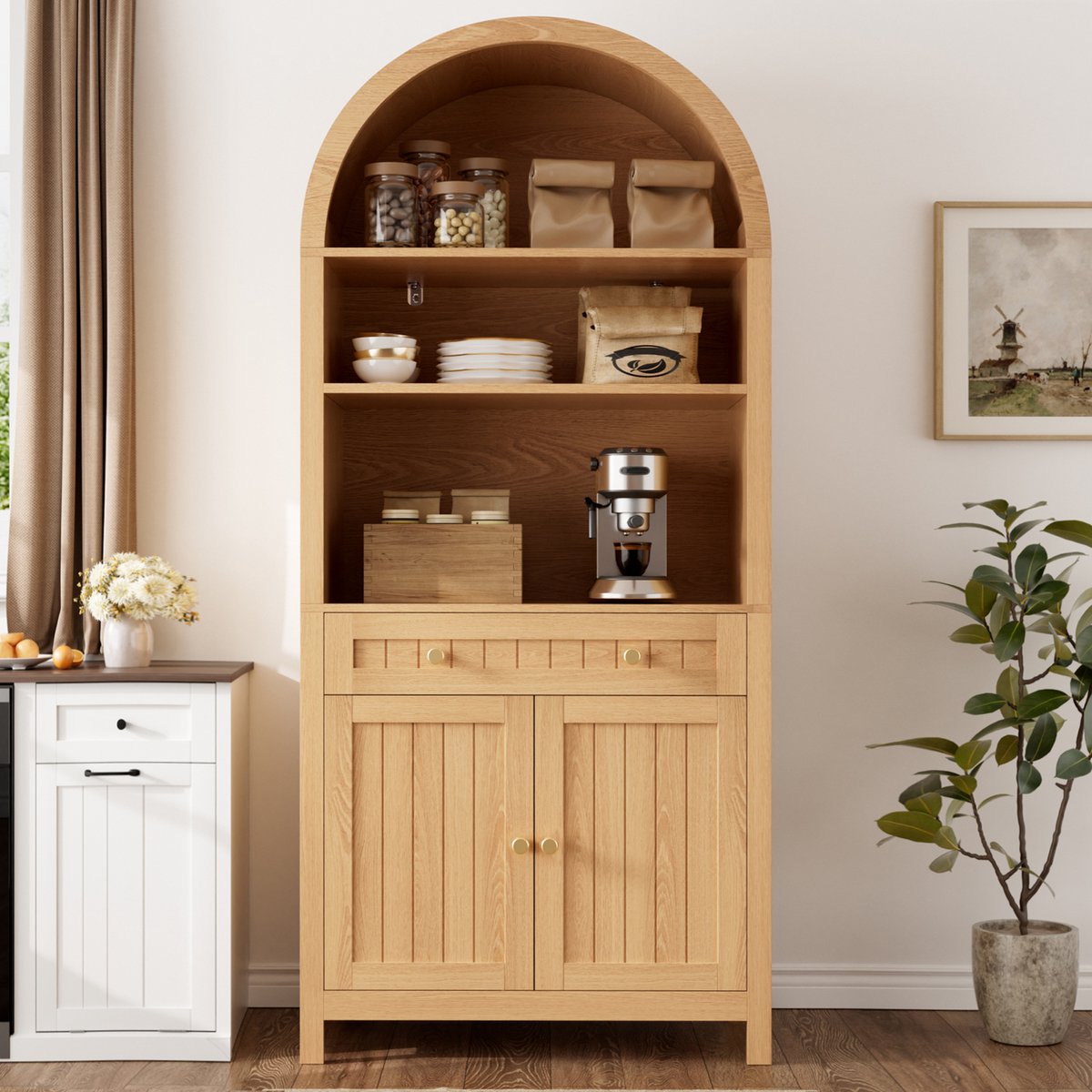 Sweiko Dressoir - Hoge keukenkast - Boekenkast - Met lades - Spaanplaat + MDF - Houtlook - Natuurlijke