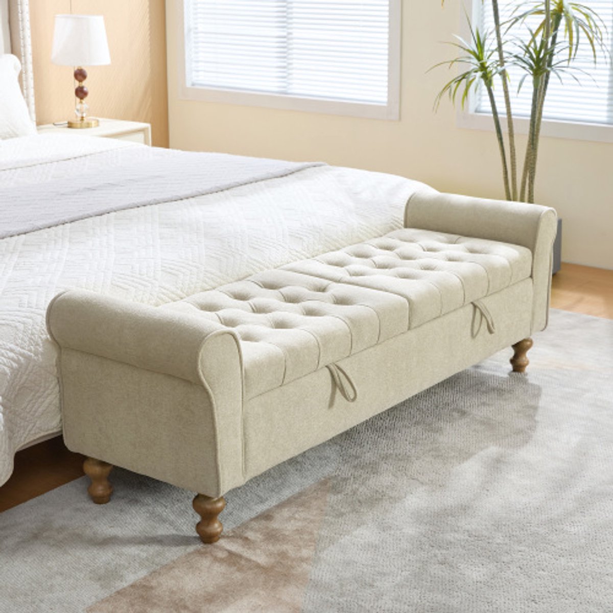 Opbergbank - Velvet Hocker Met Stauraum En Armleuningen - Moderne Zitbank Met 2 Deksels En Houten Poten - Chenille/Greige - 156 x 46 x 51 cm - Slaapkamer En Woonkamer Bankje