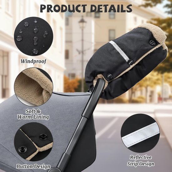 Kinderwagen Handmoffen - Baby Wandelwagen - Winterse Wandelingen - Waterdicht Winddicht - Universele Maat - Zwart — afbeelding 4