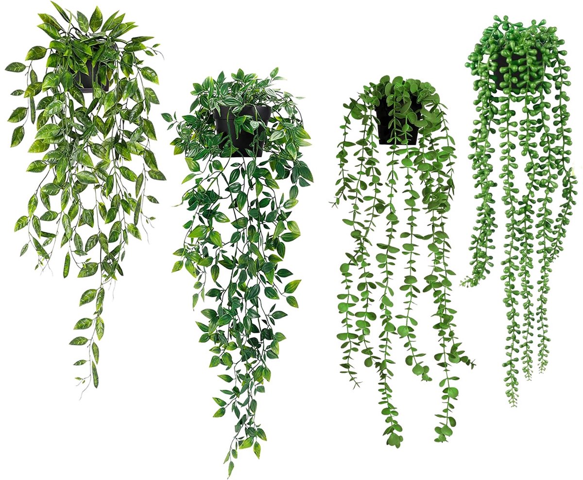 Hangplanten met potten, Kunstmatige Hangplanten, Kunstplant Eucalyptus Bladeren in Pot, kunstplanten zoals echt, Hangplanten Potplant Kunstmatig voor Huistuin Decoratie
