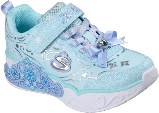 Lichtblauwe sneaker met glitters, strik, sneeuwvlok-detail en lichtjes.