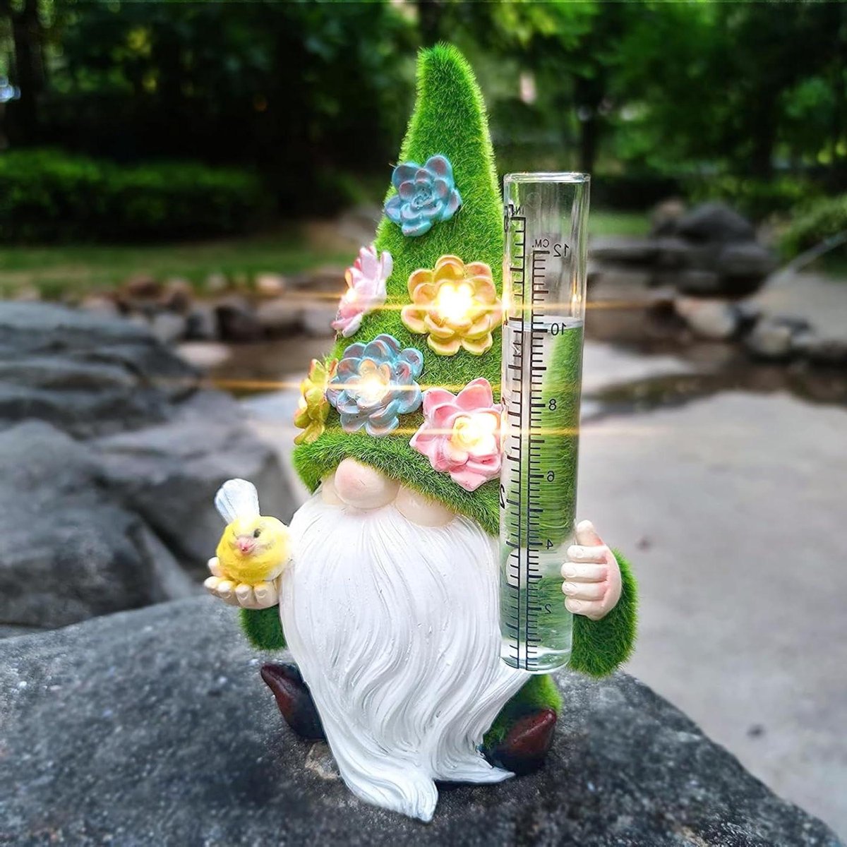 Regenmeter Dwerg - Tuinbeeld met meter - Weer Meten - Zonne-energie lamp - 85 cm - Kleurrijk