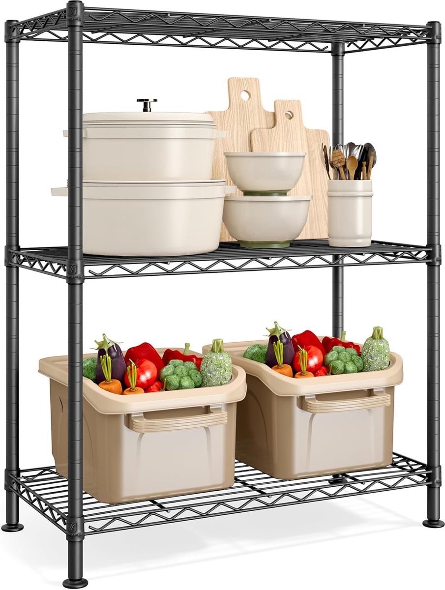SONGMICS Plank, metalen rek, in hoogte verstelbare planken, opbergrek, staand rek voor garage, slaapkamer, woonkamer, 3 niveaus, 30 x 60 x 77 cm, inktzwart LGR163BH01