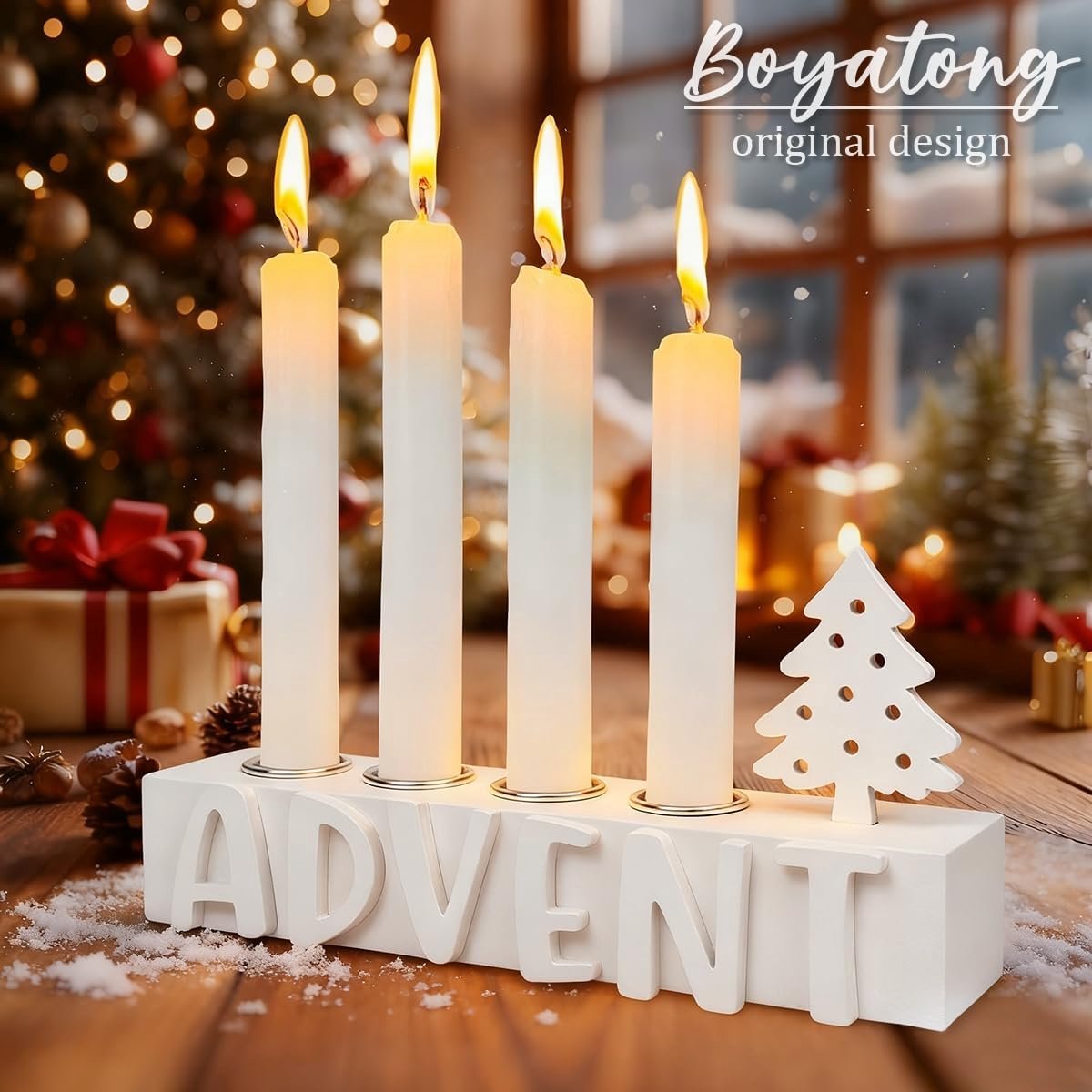 adventskrans, adventsstuk, langwerpige adventskandelaar, hout, adventskrans, modern, adventskaarsdienblad, Kerstmis, adventsdecoratie, tafeldecoratie, kerstdecoratie – foto 2
