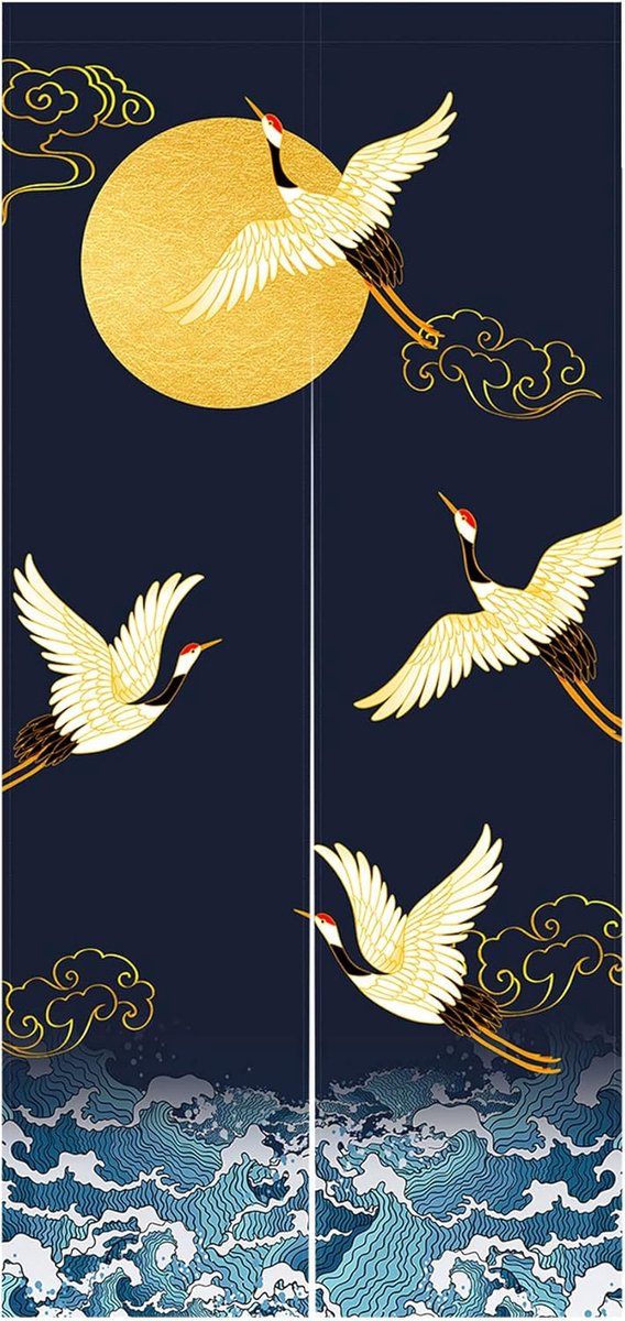 Noren Doorway Gordijn Japanse Stijl Kranen Golven Goud Volle Maan Gedrukt Katoen Linnen Raambehandeling Deurtapijt voor Woondecoratie 85 x 180 cm, Marineblauw
