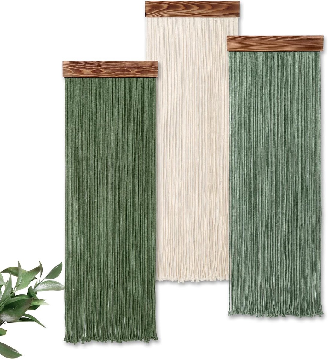 3PCS Macramé Hangende Muurdecoratie Boho Chic Thuisdecoratie, Handgemaakte Kwast Garen Wandtapijt Moderne Wanddecoratie voor Woonkamer Slaapkamer Kantoor Kinderkamer Achtergrond (Groen Wit)