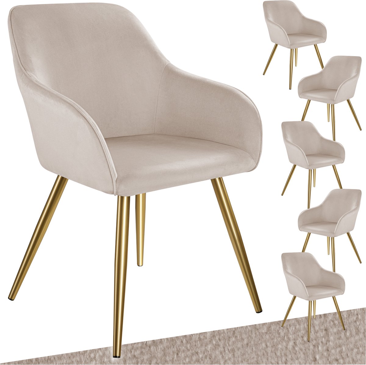Tectake Eetkamerstoel Marilyn - Set van 6 Eetkamerstoelen met Armleuningen - Elegante Stoel met Gevoerde Zitting in Fluweellook - Gestoffeerd - Gouden metalen poten - Ergonomische Keukenstoel - Stoel voor Woonkamer, Eetkamer en Slaapkamer - Taupe taupe/goud