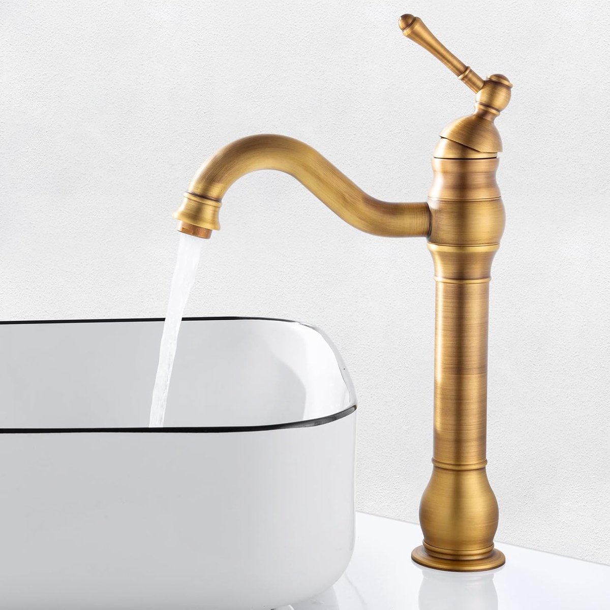 Kraan Badkamer Hoog Antiek Messing, Retro Goud Wastafelkraan Hoog, 360° Draaibare Eengreepsmengkraan Antiek Badkamerkraan Wastafel Badkamerkraan Koud en Warm Water aanwezig