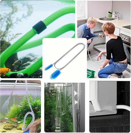 Reinigingsborstel voor leidingen met dubbele kop (2 m) + 2 buisborstels (20 cm) - Flexibele afvoerborstel voor leidingen, afvoeren, aquarium en huis (Blauw) — afbeelding 5