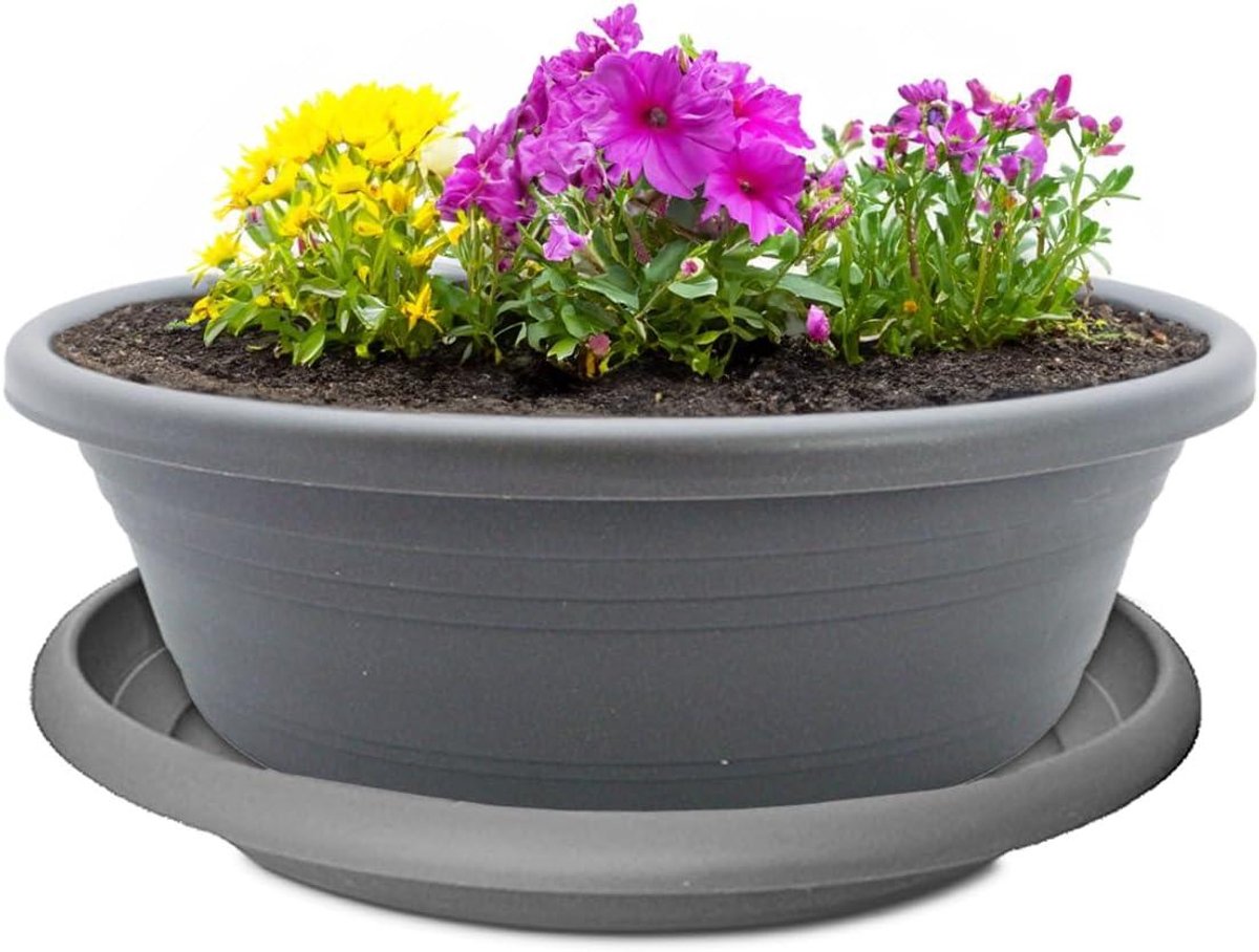 Plantenpot met schotel - Bloempot buiten - Buiten decoreren - Vorstbestendig kunststof - 45 cm diameter - Antracietgrijs