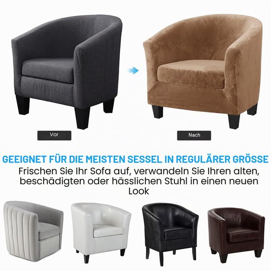 Velours-hoes voor clubfauteuil, tweedelige set, rekbaar, voor woonkamer, fauteuil, cabrio, kuipstoel, met kussensloop (leerkleur) — afbeelding 2