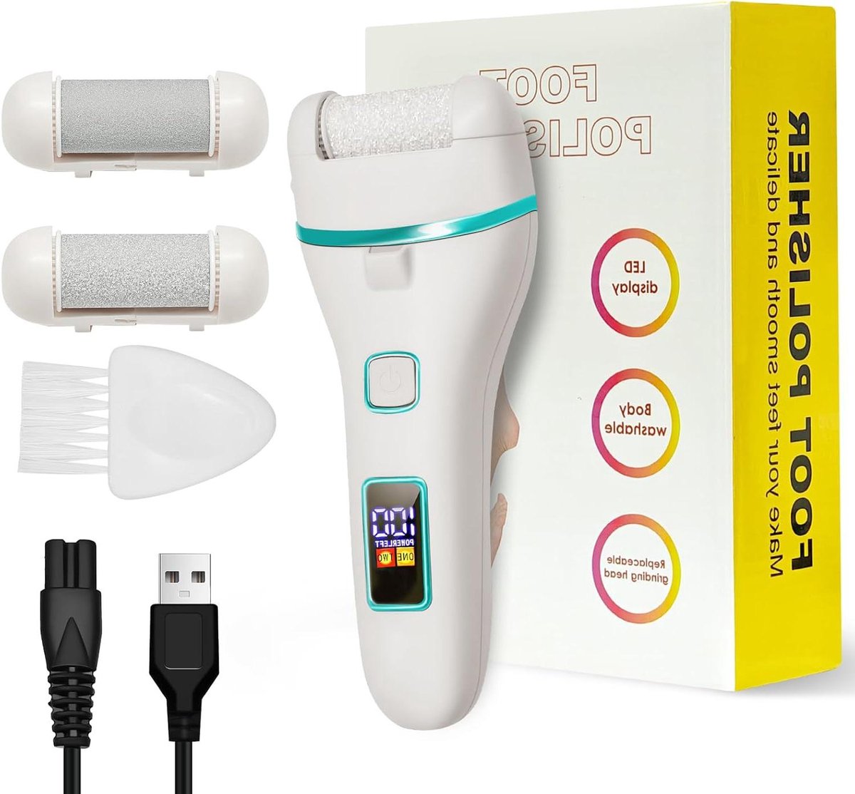 Elektrische Eeltverwijderaar - Voetvijl Set - Gladde Voeten - Met LED-lamp - 3 Rollen - Wit