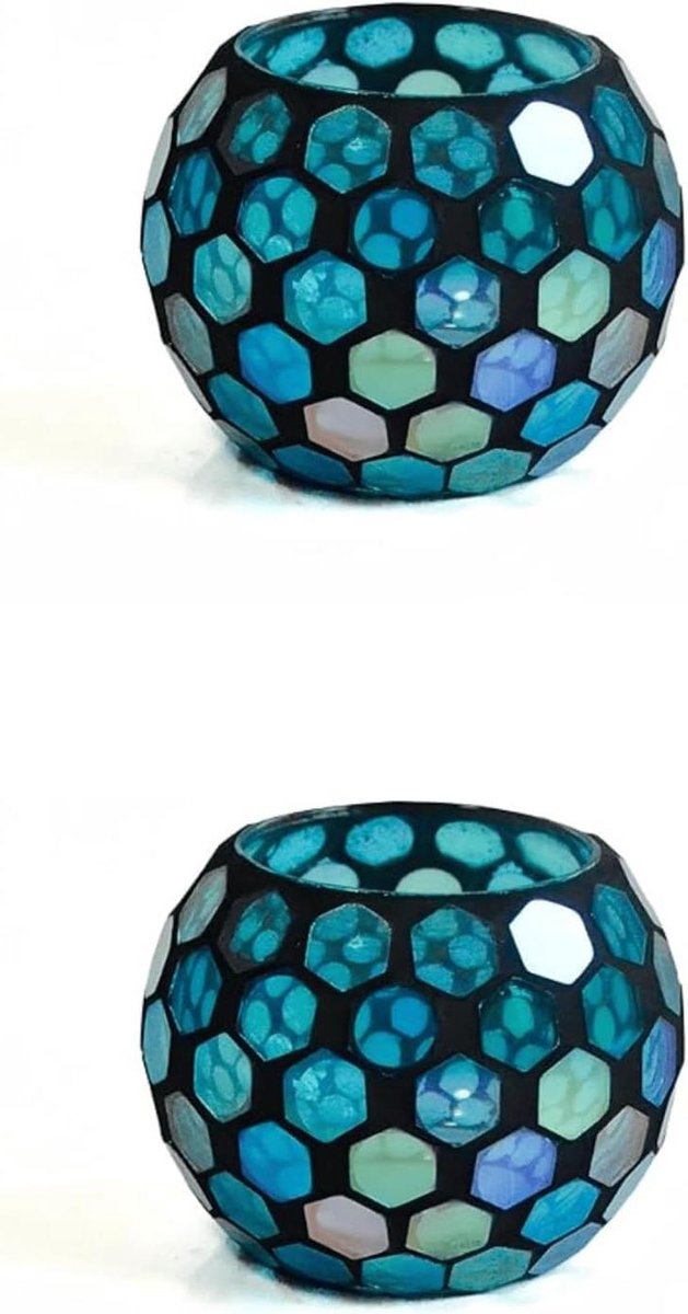 Theelicht Kaarsenhouder - Tafeldecoratie Kandelaar - Sfeer Creëren - Luxe Mozaïekglas - Set van 2 - Blauw Fragment