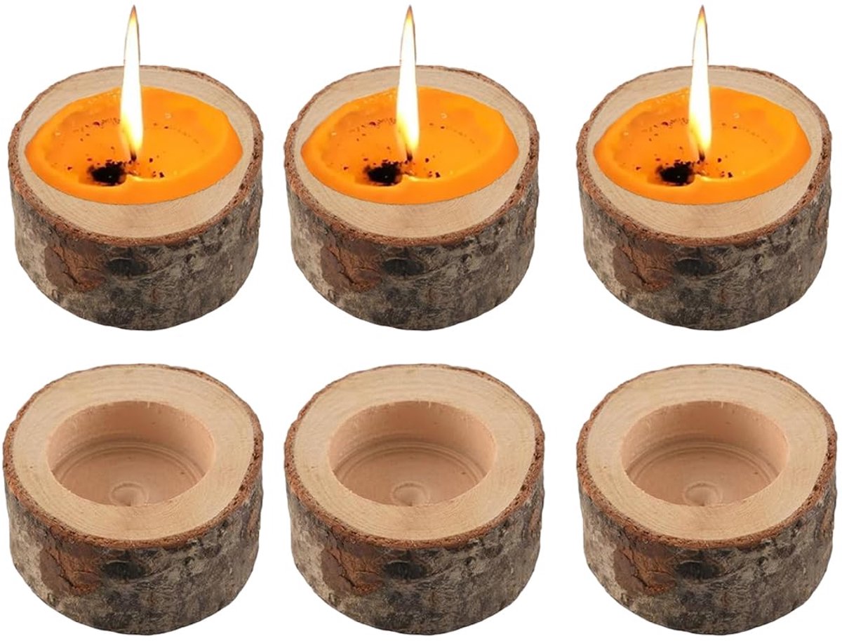 Tealight houders 6 stuks - natuurlijk hout - rustiek met schors - sfeervol voor thuis - SnelShoppen