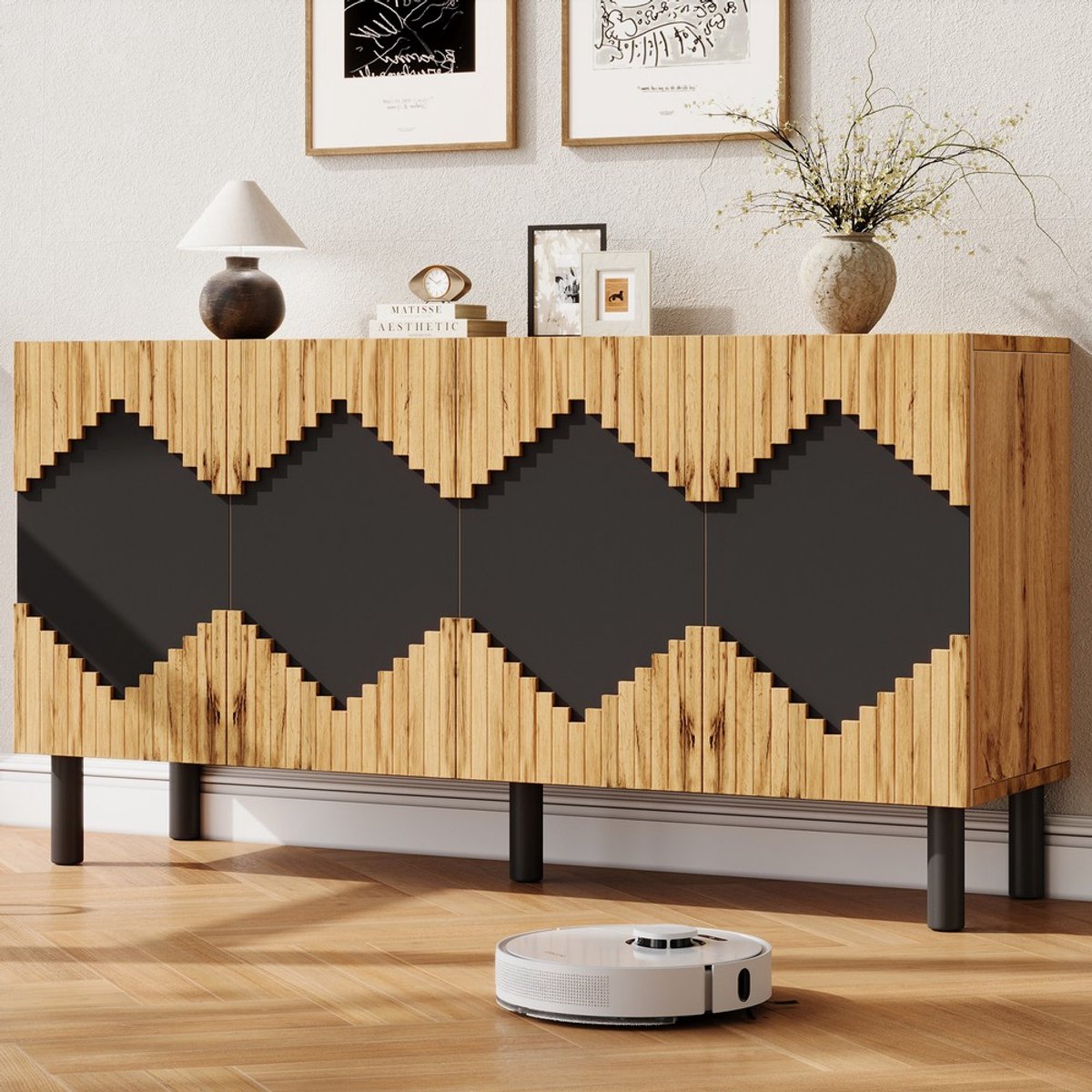 KOMHTOM Dressoir - 2 Deuren - Opbergkast - Ruitpatroon - Spaanplaat met MDF - Woonkamer Eetkamer Hal - 140x40x70cm - Houtkleur Zwart - Modern Sideboard