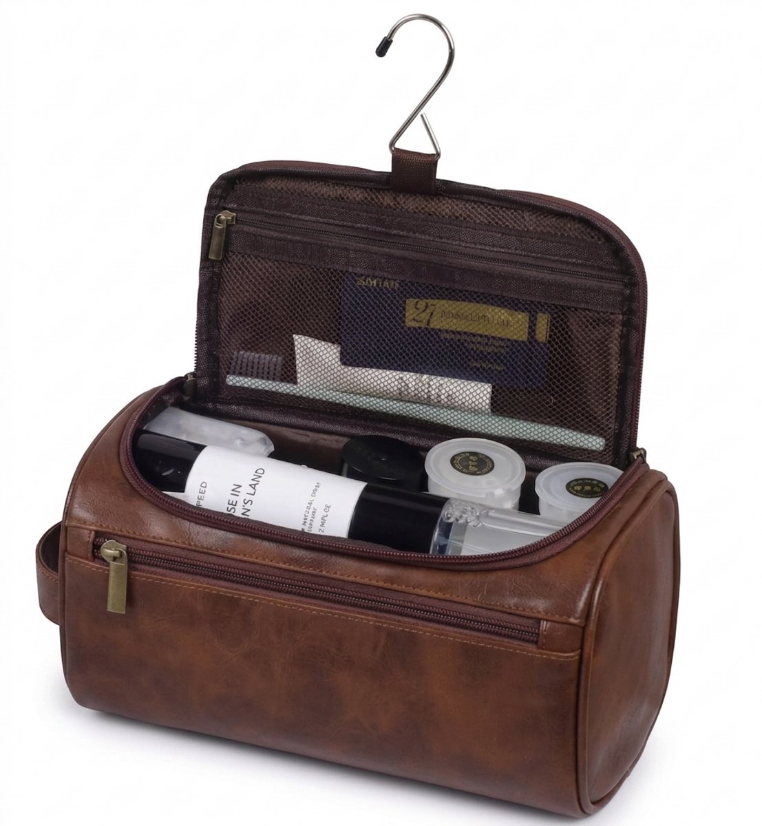 Stervia Leren Toilettas Heren - Ophangbare Toilettas - Stevige Toilettas - Waterafstotend - Retro Look - Bruin - 25 x 13 x 13 cm