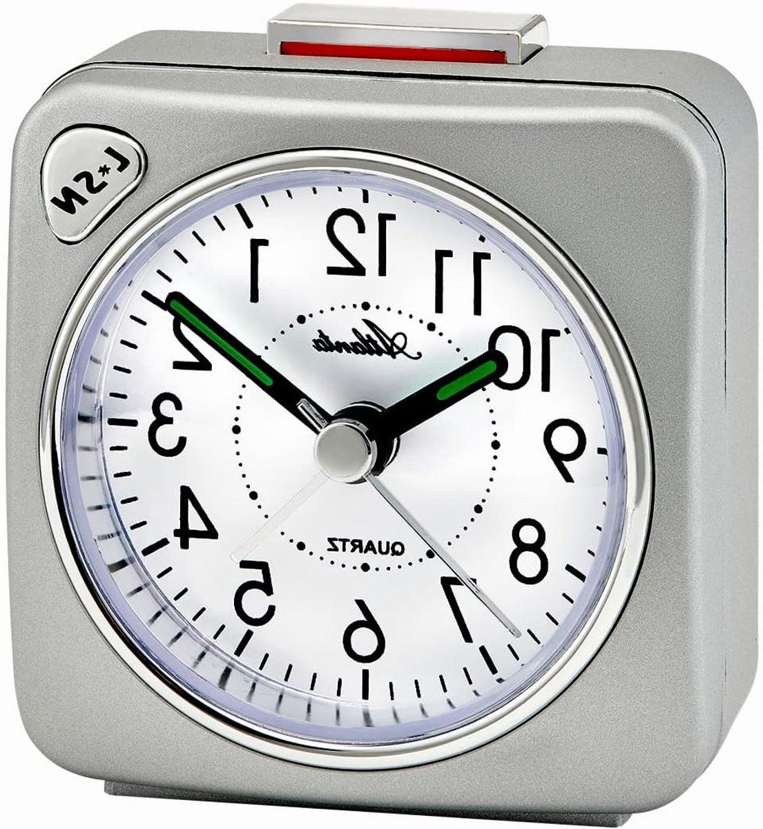 Kwartswekker - Reiswekker stil - Zonder tikken slapen - Crescendo alarm - 6 x 6 x 3 cm - Zilverkleurig