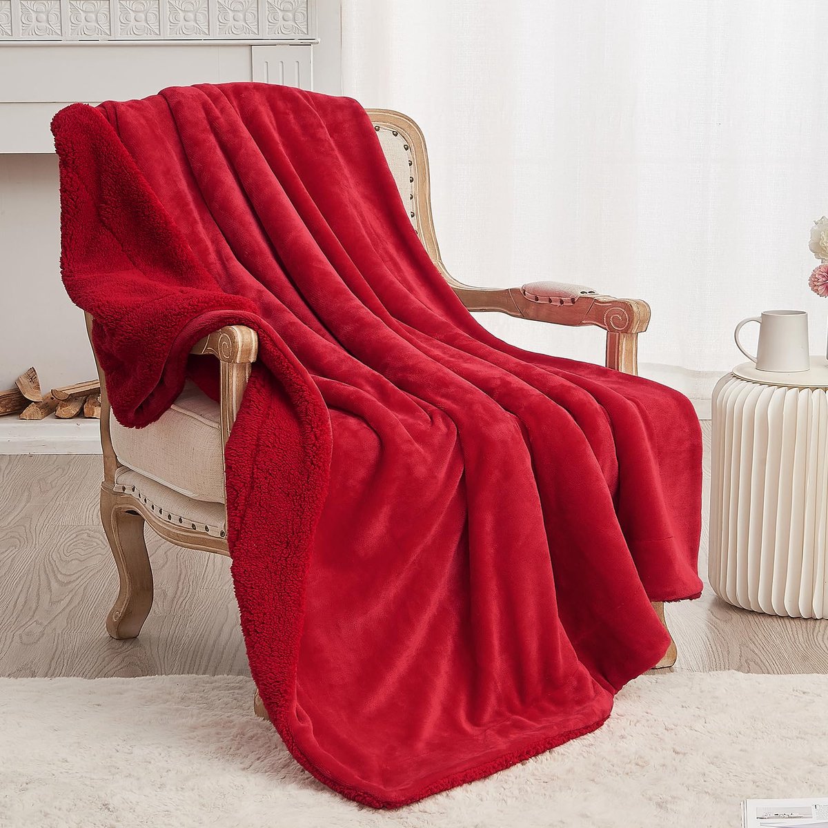 Sherpa Deken, klassiek rood, tweezijdige woondeken, knuffeldeken, extra dikke warme bankdeken, van Sherpa, 220 x 240 cm, super fleece deken als bankplaid of woonkamerdeken